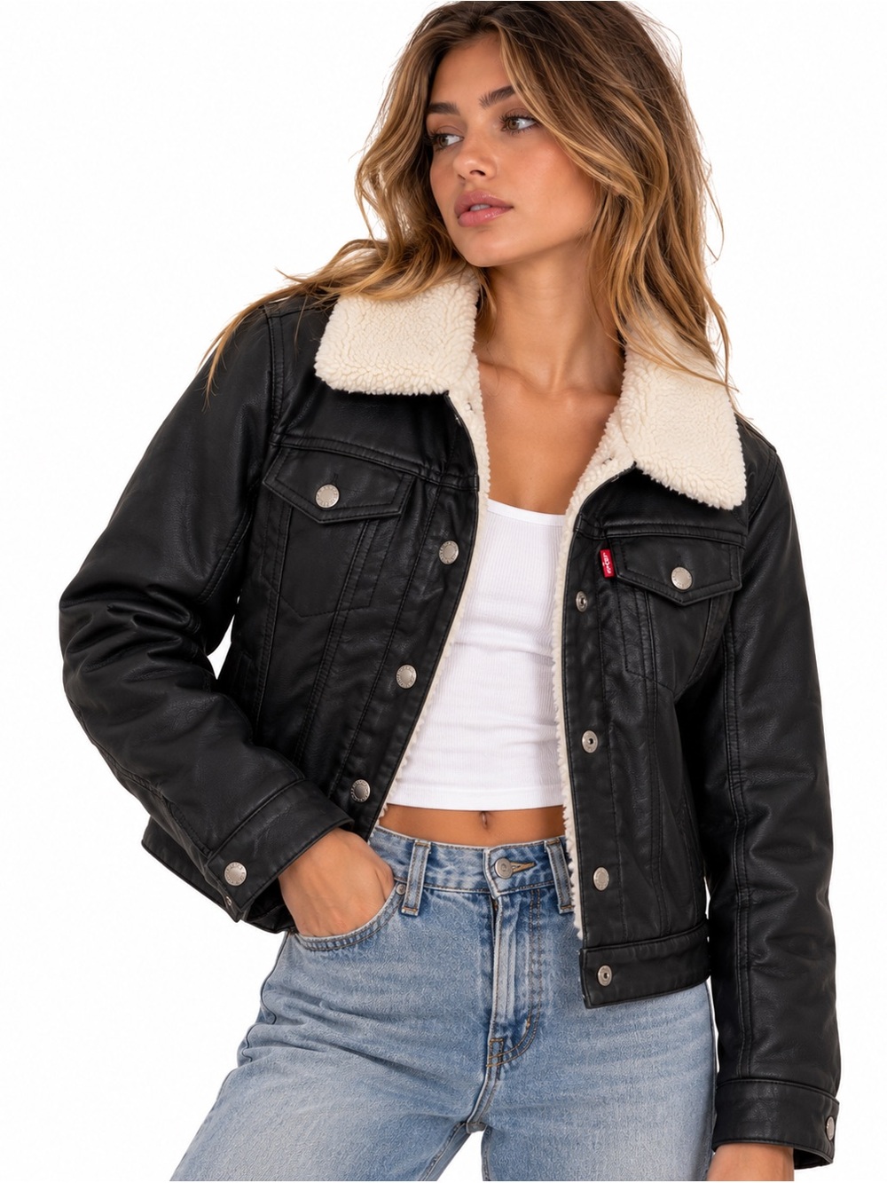 Levi’s Black Faux Leather Sherpa Lined Trucker Jacket Teddy Collar